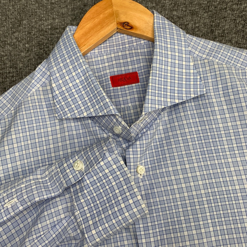 Isaia Napoli Dress Shirt Men 17.5 Blue Check Luxury Italy Spread Collar